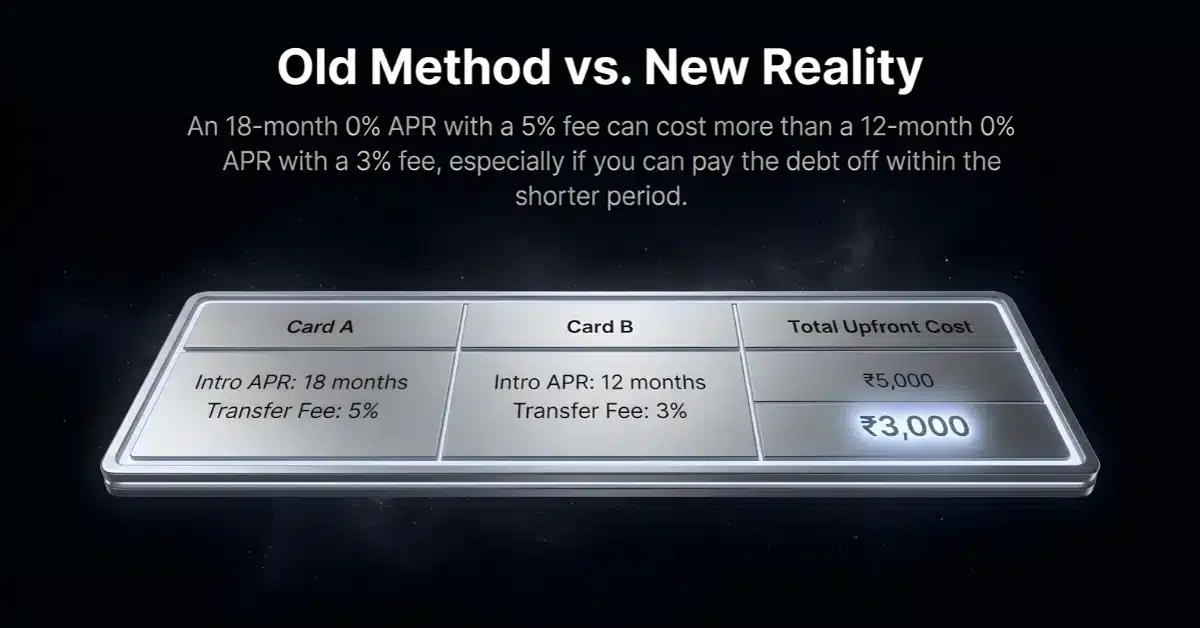 A comparison of the old way of chasing long intro periods versus the new reality of optimizing balance transfer card selection by focusing on total cost.