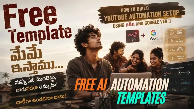 A diagrammatic workflow illustrating YouTube automation using n8n and Google Veo 3, presenting a unique new business idea telugu. YouTube automation workspace
