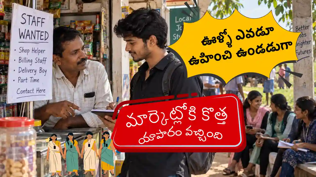 Rural job gap village employment Telugu youth connecting local shops with nearby job seekers.