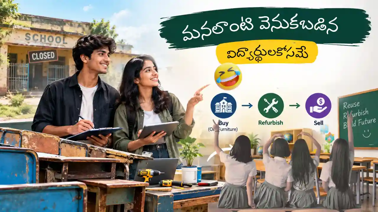 పాత బెంచీలను School Desk Refurbishing ద్వారా రిపేర్ చేసి Furniture Flipping Startup కోసం Used Bench Repair మరియు Furniture Restoration చేస్తున్న యువకుల దృశ్యం