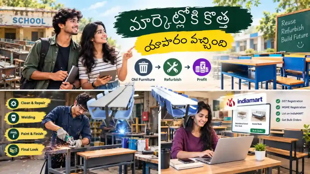 మూసివేసిన స్కూల్స్ నుంచి Used School Furniture కొనుగోలు చేసి Old Furniture Resale చేయాలనుకునే వారికి School Furniture Business మరియు Scrap Furniture Sourcing విధానం చూపించే దృశ్యం