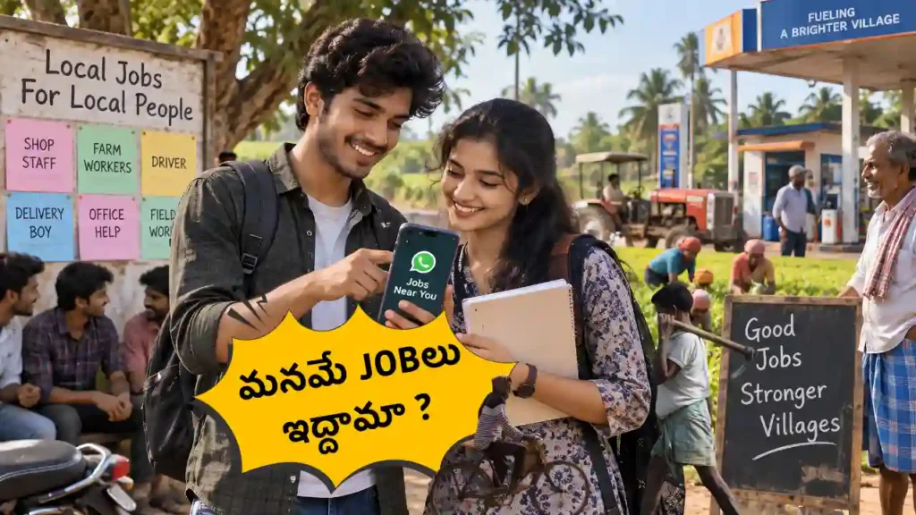 Village employment business rural jobs Telugu youth finding local work opportunities through a digital job network in an Indian village. Rural job gap village employment Telugu youth